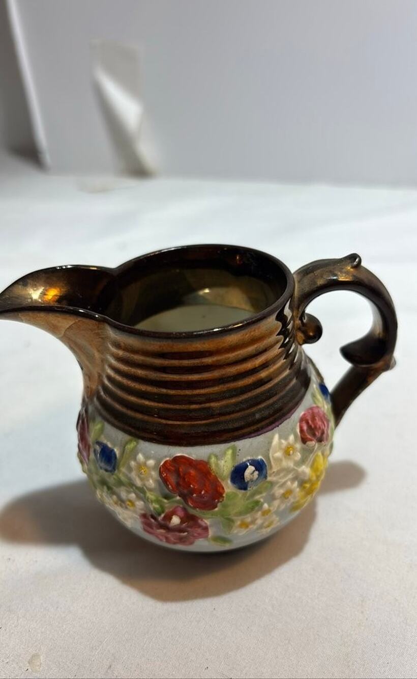 Vintage Floral Embossed Ceramic Pitcher